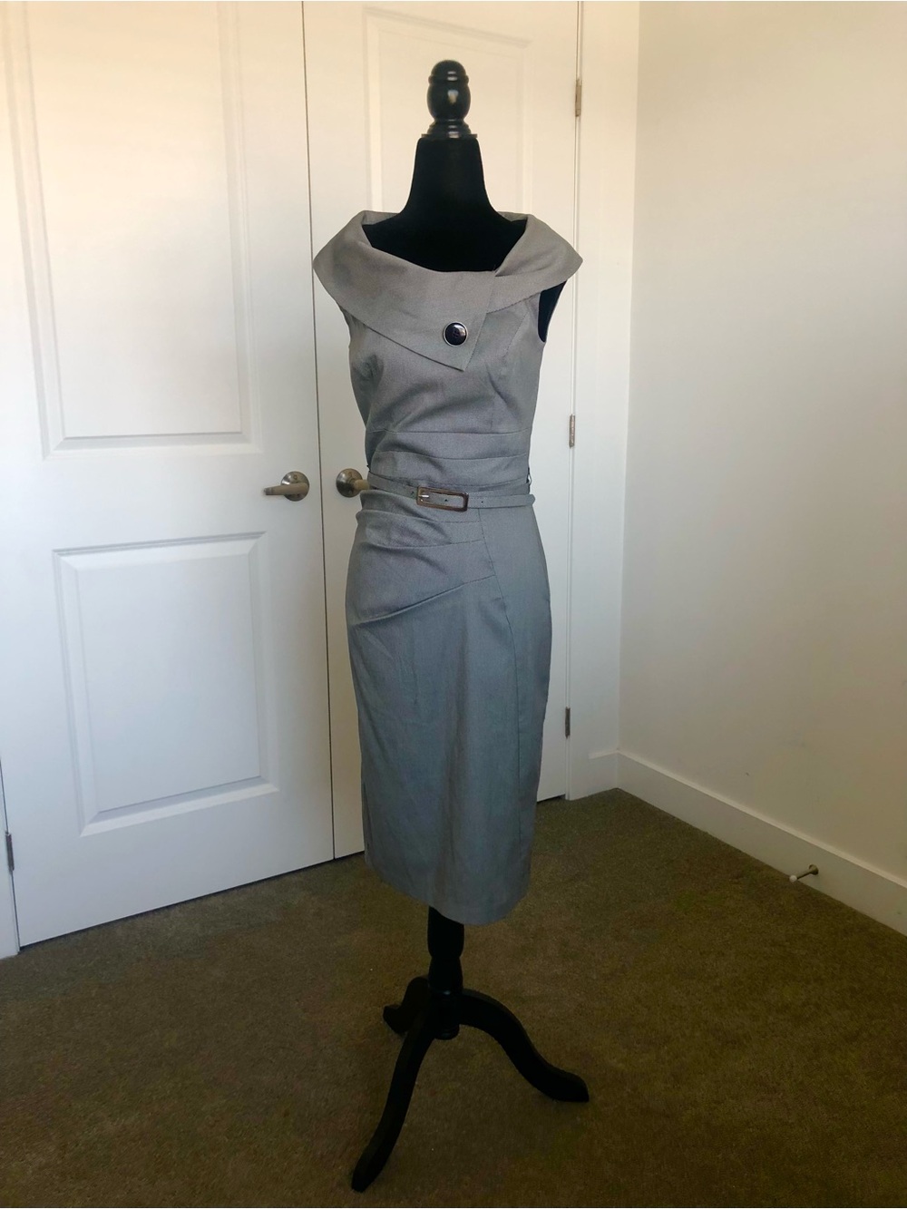New Le Chateau Gray Midi Sheath Dress with Cowl Neck and Belt